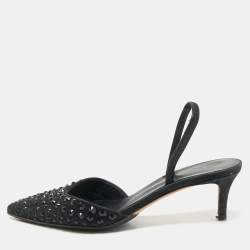 Pre Owned Giuseppe Zanotti Black Satin Crystal Embellished Slingback Pumps Size 36