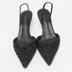 Pre Owned Giuseppe Zanotti Black Satin Crystal Embellished Slingback Pumps Size 36