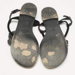 Pre Owned Giuseppe Zanotti Black Velvet Crystal Embellished Flower Flat Thong Sandals Size 36