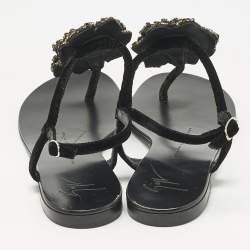 Pre Owned Giuseppe Zanotti Black Velvet Crystal Embellished Flower Flat Thong Sandals Size 36