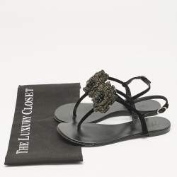 Pre Owned Giuseppe Zanotti Black Velvet Crystal Embellished Flower Flat Thong Sandals Size 36