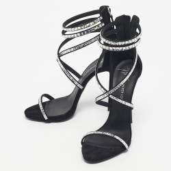 Pre Owned Giuseppe Zanotti Black Suede Crystal Embellished Ankle Strap Sandals Size 38