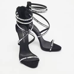 Pre Owned Giuseppe Zanotti Black Suede Crystal Embellished Ankle Strap Sandals Size 38