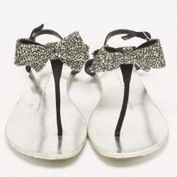Pre Owned Giuseppe Zanotti Black Suede Crystal Bow Thong Flat Sandals Size 36