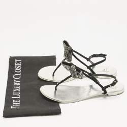 Pre Owned Giuseppe Zanotti Black Suede Crystal Bow Thong Flat Sandals Size 36