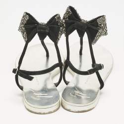 Pre Owned Giuseppe Zanotti Black Suede Crystal Bow Thong Flat Sandals Size 36