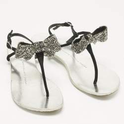 Pre Owned Giuseppe Zanotti Black Suede Crystal Bow Thong Flat Sandals Size 36