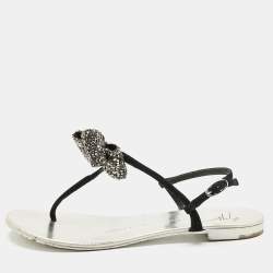 Pre Owned Giuseppe Zanotti Black Suede Crystal Bow Thong Flat Sandals Size 36