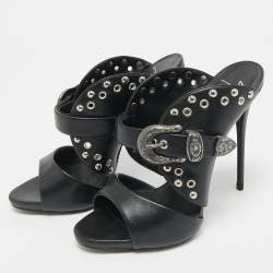 Pre Owned Giuseppe Zanotti Black Leather Studded Buckle Slide Sandals Size 38