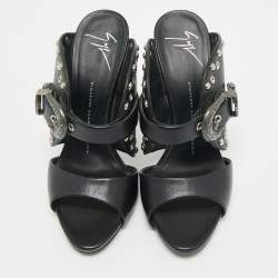 Pre Owned Giuseppe Zanotti Black Leather Studded Buckle Slide Sandals Size 38