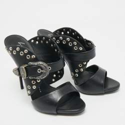 Pre Owned Giuseppe Zanotti Black Leather Studded Buckle Slide Sandals Size 38