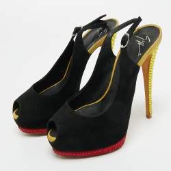 Pre Owned Giuseppe Zanotti Two Tone Suede Crystal Embellished Peep Toe Slingback Pumps Size 38