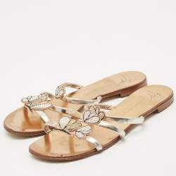 Pre Owned Giuseppe Zanotti Silver Leather  Crystal Embellished Flat Slides Size 37