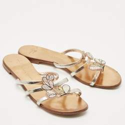 Pre Owned Giuseppe Zanotti Silver Leather  Crystal Embellished Flat Slides Size 37