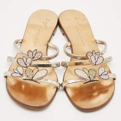 Pre Owned Giuseppe Zanotti Silver Leather  Crystal Embellished Flat Slides Size 37