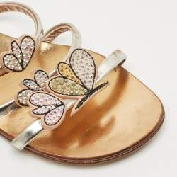 Pre Owned Giuseppe Zanotti Silver Leather  Crystal Embellished Flat Slides Size 37