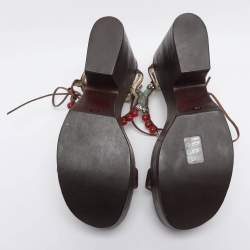 Pre Owned Giuseppe Zanotti Brown Leather Beads and Stone Embellished Wedge Sandals Size 38