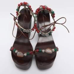 Pre Owned Giuseppe Zanotti Brown Leather Beads and Stone Embellished Wedge Sandals Size 38