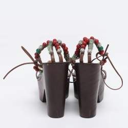 Pre Owned Giuseppe Zanotti Brown Leather Beads and Stone Embellished Wedge Sandals Size 38