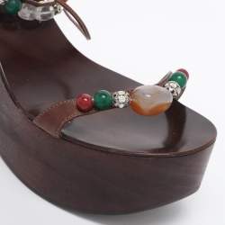 Pre Owned Giuseppe Zanotti Brown Leather Beads and Stone Embellished Wedge Sandals Size 38