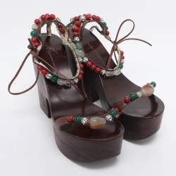 Pre Owned Giuseppe Zanotti Brown Leather Beads and Stone Embellished Wedge Sandals Size 38