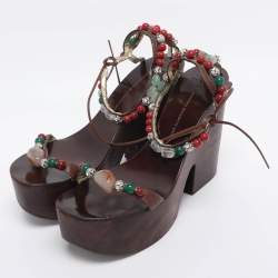 Pre Owned Giuseppe Zanotti Brown Leather Beads and Stone Embellished Wedge Sandals Size 38