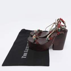 Pre Owned Giuseppe Zanotti Brown Leather Beads and Stone Embellished Wedge Sandals Size 38