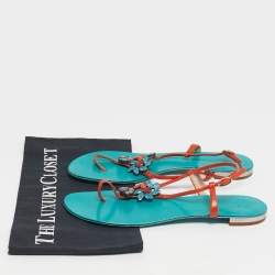 Pre Owned Giuseppe Zanotti Orange Leather Crystal Embellished Slingback Sandals Size 39