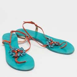 Pre Owned Giuseppe Zanotti Orange Leather Crystal Embellished Slingback Sandals Size 39