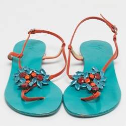 Pre Owned Giuseppe Zanotti Orange Leather Crystal Embellished Slingback Sandals Size 39
