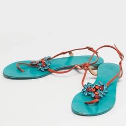 Pre Owned Giuseppe Zanotti Orange Leather Crystal Embellished Slingback Sandals Size 39