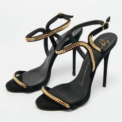 Pre Owned Giuseppe Zanotti Black Suede Coline Chain Link Ankle Strap Sandals Size 38