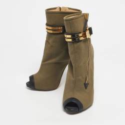 Pre Owned Giuseppe Zanotti Green  Canvas Roxie Peep Toe Cut Out Ankle Boots  Size 38.5