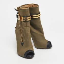 Pre Owned Giuseppe Zanotti Green  Canvas Roxie Peep Toe Cut Out Ankle Boots  Size 38.5