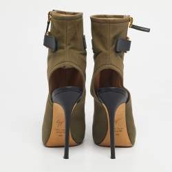 Pre Owned Giuseppe Zanotti Green  Canvas Roxie Peep Toe Cut Out Ankle Boots  Size 38.5