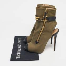 Pre Owned Giuseppe Zanotti Green  Canvas Roxie Peep Toe Cut Out Ankle Boots  Size 38.5