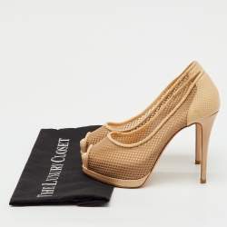 Pre Owned Giuseppe Zanotti Beige Mesh and Lizard Embossed Leather Peep Toe Platform Pumps Size 36