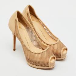 Pre Owned Giuseppe Zanotti Beige Mesh and Lizard Embossed Leather Peep Toe Platform Pumps Size 36