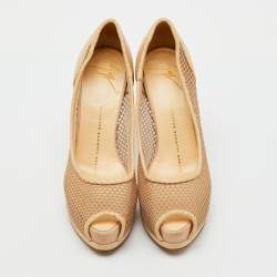 Pre Owned Giuseppe Zanotti Beige Mesh and Lizard Embossed Leather Peep Toe Platform Pumps Size 36