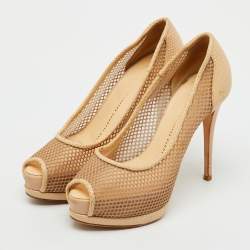 Pre Owned Giuseppe Zanotti Beige Mesh and Lizard Embossed Leather Peep Toe Platform Pumps Size 36