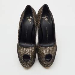 Pre Owned Giuseppe Zanotti Gold/Black Glitter and Mesh Sharon Platform Peep Toe Pumps Size 37.5