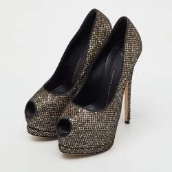 Pre Owned Giuseppe Zanotti Gold/Black Glitter and Mesh Sharon Platform Peep Toe Pumps Size 37.5