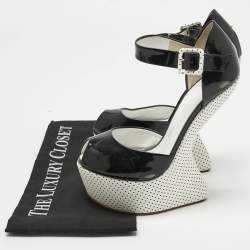 Pre Owned Giuseppe Zanotti Black/White Patent Leather Peep Toe Heel Less Platform Ankle Strap Sandals Size 39
