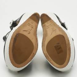 Pre Owned Giuseppe Zanotti Black/White Patent Leather Peep Toe Heel Less Platform Ankle Strap Sandals Size 39