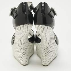 Pre Owned Giuseppe Zanotti Black/White Patent Leather Peep Toe Heel Less Platform Ankle Strap Sandals Size 39