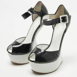 Pre Owned Giuseppe Zanotti Black/White Patent Leather Peep Toe Heel Less Platform Ankle Strap Sandals Size 39