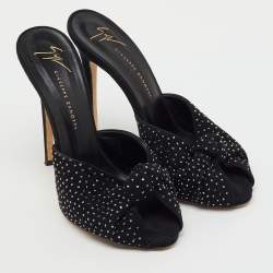 Pre Owned Giuseppe Zanotti Black Suede Crystal Embellished Slide Sandals Size 38
