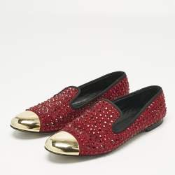 Pre Owned Giuseppe Zanotti Burgundy Suede Cap Toe Crystals Embellished Smoking Slippers Size 39.5