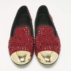 Pre Owned Giuseppe Zanotti Burgundy Suede Cap Toe Crystals Embellished Smoking Slippers Size 39.5