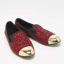 Pre Owned Giuseppe Zanotti Burgundy Suede Cap Toe Crystals Embellished Smoking Slippers Size 39.5
